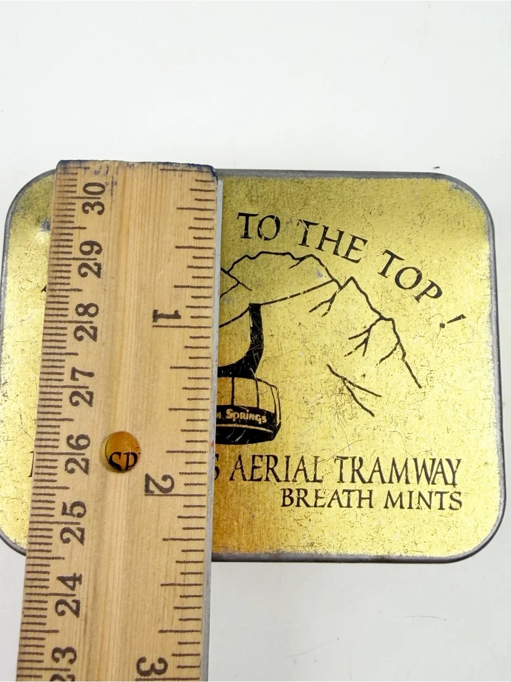 Vtg 70s Palm Springs Aerial Tramway Breath Mints Tin Souvenir Empty Gold CA